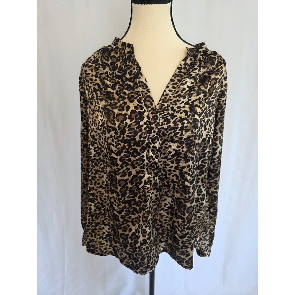 Anna Kay Claudia Leopard Print V Neck Tunic Top Blouse Shirt Size Large